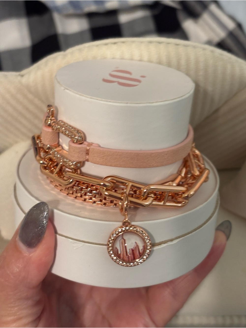 Rose Gold Multi-Layer Charm Bracelet with Blush Pink Strap